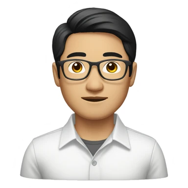 a shoulder length black-haired handsome asian man, using glasses, with mustache, wearing white shirt sticker