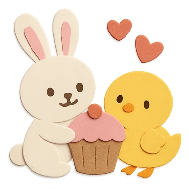 Make sure the bunny's tummy is not transparent and correct the chick's face so it looks normal and friendly, keep the paper-craft style and color palette sticker