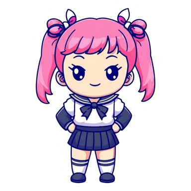 Adorable anime schoolgirl with pink twin tails and big eyes wearing sailor uniform, cute chibi style sticker