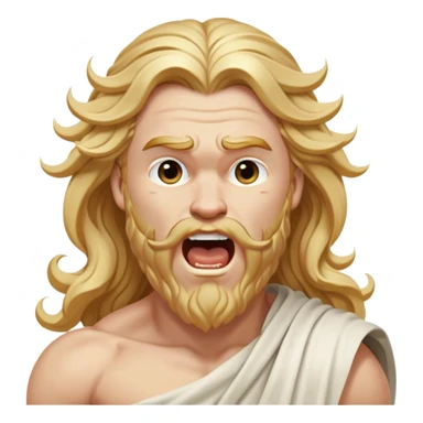 Cinematic Realistic Thor Portrait, head tilted slightly with a dramatic, wide-open yawn, revealing a moment of unguarded human vulnerability amidst his divine stature. His fair, luminous skin and elegantly styled, wavy golden hair maintain their sculptural perfection even in repose. Dressed in a flowing white toga with understated golden accents, the portrait is bathed in soft natural light, capturing a rare glimpse of relaxed, timeless strength from a Greek god reborn. sticker