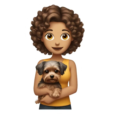 white women with curly medium length brunette hair, holding a cute yorkie dog sticker