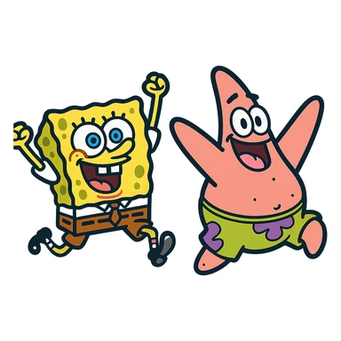 Spongebob and Patrick as lively, energetic color outline icons, expressive poses, dynamic movement, inspired by their movie appearances, black outlines with flat color fill, no text sticker
