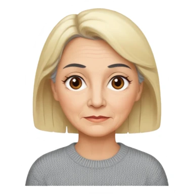 Rea emoji bionda di 70 anni occhi castani sopracciglia nere faccia più paffutella e maglione grigio ma le sopracciglia nere sticker