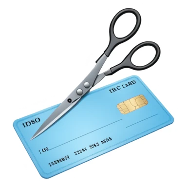 Floating black Scissors cutting a light blue military ID card in 2 parts .hyper realistic sticker