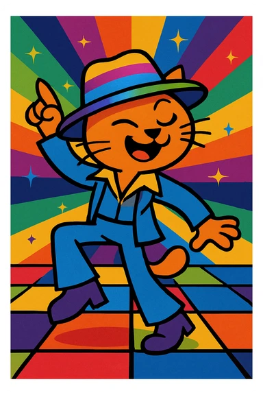 disco cat, funky hat, energetic dance move, rainbow lights sticker