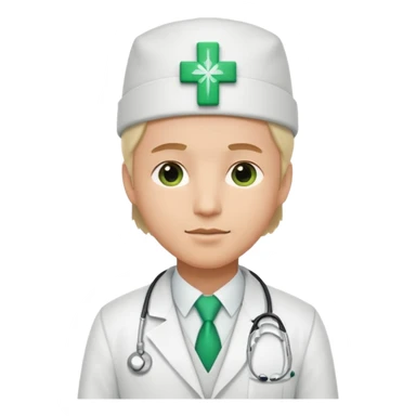 a doctor in white suit with a doctor hat with green cross sticker