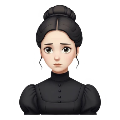 A Victorian woman with a simple coiffed white bun and light eyes wearing a simple monochrome black turtleneck mourning dress with puffed sleeves looking down with a forlorn, miserable expression sticker