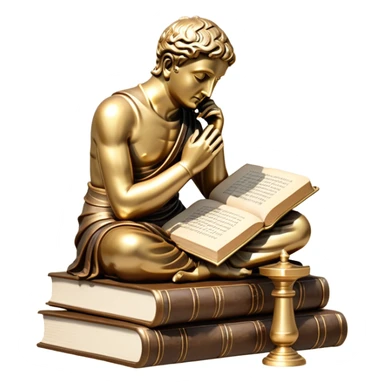 An icon featuring a Thinker statue, a scroll, symbolizing philosophy. The design includes books and abstract symbols representing deep thought and wisdom. Transparent background highlights the study of ideas, logic, and existential questions sticker