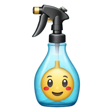 An emoji of a spray bottle actively spraying mist. A fine mist of tiny particles is visible in the air as the nozzle releases the spray. Can resemble a perfume, cologne, or cleaning product. Transparent bottle with a trigger or press nozzle, slightly tilted while spraying sticker