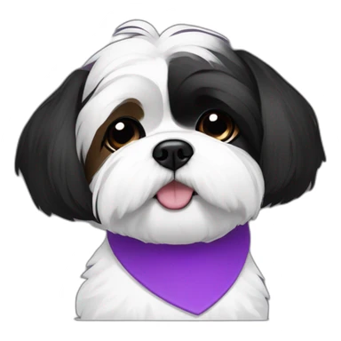 half face black and half face white shihtzu dog wearing a bun and a pueple collar sticker