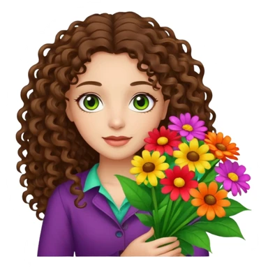 light skinned brunette long curly haired girl with green/hazel eyes holding big bright bunch of flowers. White background. sticker