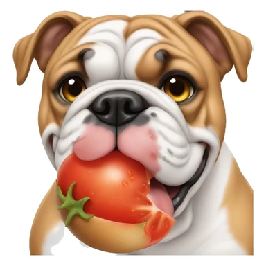 an english bulldog eating a tomato sticker