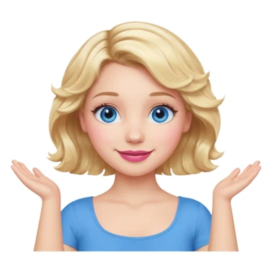Girl Blonde short wavy hair,  blue eyes, cute blue top, long lashes, pink lips, smiling, making an x with arms  sticker
