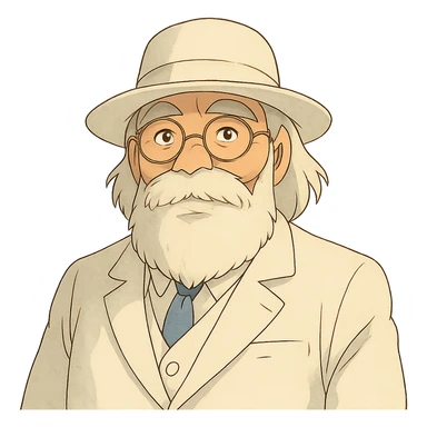 old man with a white hat, slightly long white beard, white moustache, round glasses, white suit, white longish hair, ghibli style sticker