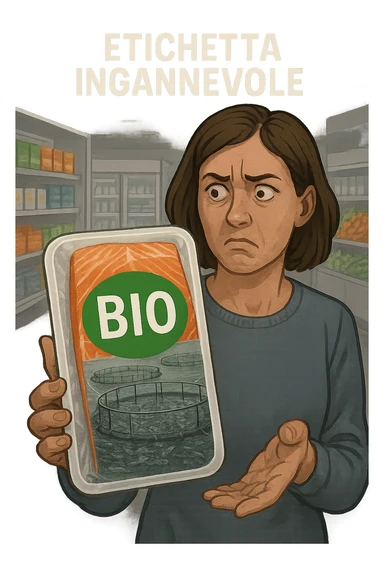 Scena in un supermercato moderno: uomo o donna tiene in mano una confezione di salmone etichettata 'BIO', con un grande bollino verde. Ma in trasparenza, dietro l’etichetta, si intravede un allevamento intensivo di salmoni in gabbie marine, acqua torbida e pesci ammassati. Espressione del cliente confusa e sospettosa. Sopra la testa, testo simbolico fluttuante: 'Etichetta ingannevole'. Colori contrastanti: confezione brillante ma realtà di fondo grigia e artificiale. Stile realistico con elementi simbolici forti sticker