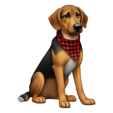 75% Coonhound 25% German Shepherd mix dog wearing small pointed red buffalo plaid bandana side view full body facing left sticker