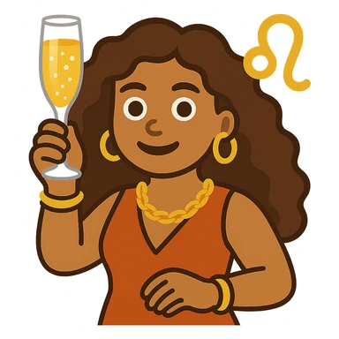 Create a simple and bold illustration of a Leo woman with a glass of champagne in the style of apple emojis. The woman should have a round face, big eyes, and minimal details. The background should be transparent. sticker