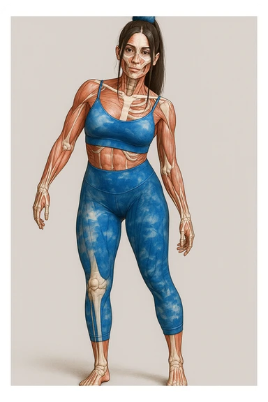A realistic medical style illustration of a woman in sportswear with an asymmetric posture, showing visible muscles and bones, neutral background, vertical format. sticker