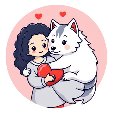 Black curly hair white skin girl hugging one big wolf with hearts above them sticker