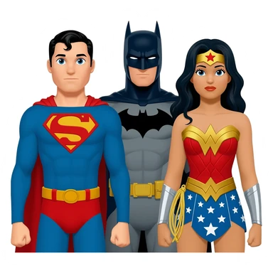 costumed characters including Superman, Batman, and Wonder Woman sticker