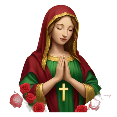 Virgin Mary: kind face looking down at the left, long brown hair, Wearing an emerald green  robe with gold stars and a burgundy red dress,  Hands in prayer or blessing. Halo around her head. standing in front of a big sun. colorful roses on the sides  sticker