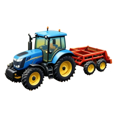 An icon representing a farming simulator, with a detailed tractor plowing fields under a bright sky with rural landscape. The design includes farming tools, crops and barns, symbolizing the immersive experience of managing a farm. Transparent background. sticker