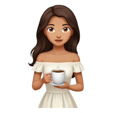 Beautiful woman in 1950’s woman fashion look, off-shoulder white dress, long dark brown hair, coffee sticker