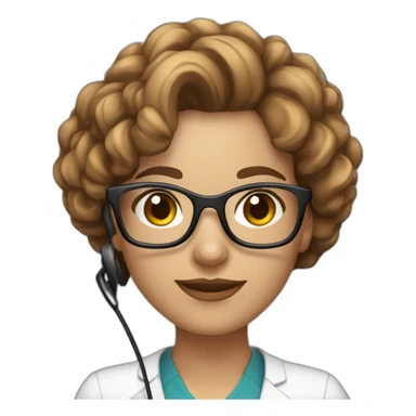 Support analyst woman white, brown curled hair, brown eyes, Brazilian, white glasses, with a computer and a headset sticker