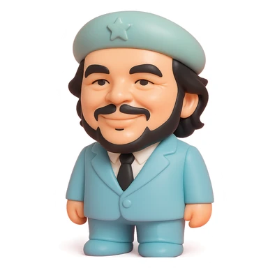 Che Guevara in a suit and tie, oversized head, confident smile, vinyl figure style sticker