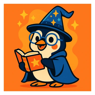 playful penguin wizard with glasses, a spellbook, and a sparkling hat, fun and friendly style sticker