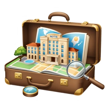 An icon featuring a suitcase, a hotel building, symbolizing the academic study of tourism and hospitality. The design includes a travel map and a magnifying glass, representing research into destinations and hospitality management. Transparent background sticker