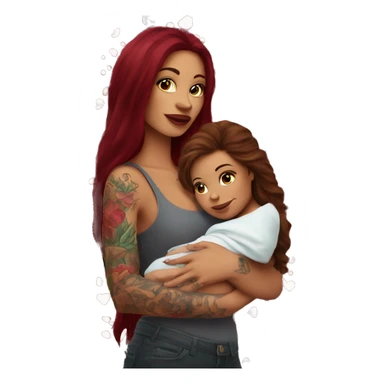 Beautiful tattooed burgundy long haired woman holding a baby sticker