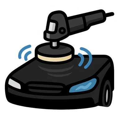 polishing machine icon on the surface of a glossy black car hood with reflection, main color black, metallic silver details, soft waves of shine around the polished area, modern and clean style, no text sticker