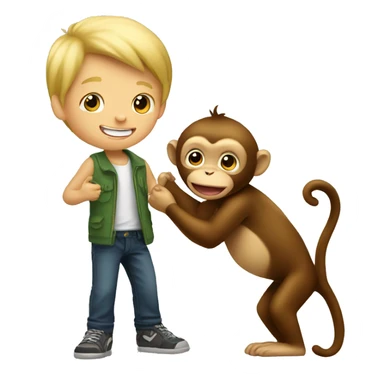A blonde boy playing with a monkey sticker