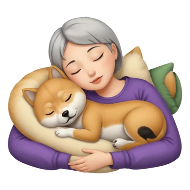 Create a short hair gray hair girl sleeping cuddling with a ton of shiba sticker