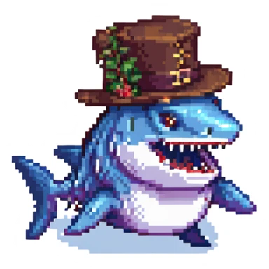 pixel art style shark wearing a tophat sticker