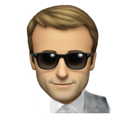 Emmanuel Macron wearing sunglasses, there is a big € on each eye of the glasses, cartoon money eyes sticker