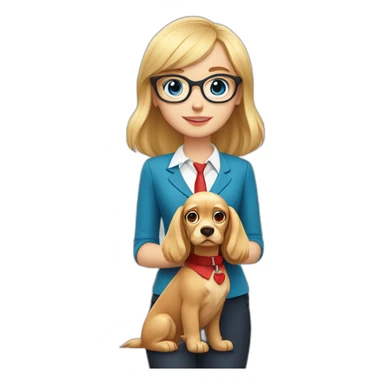 young blonde girl with blue eyes with bangs and a red suit and glasses with her beige cocker spaniel with a red collar sticker
