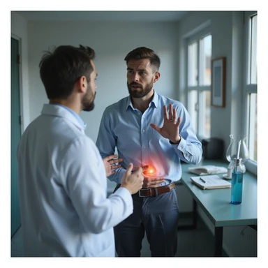 hyperrealistic 4K image of a man talking to a doctor, showing worrying symptoms like abdominal swelling, clinical environment, anxious expression sticker
