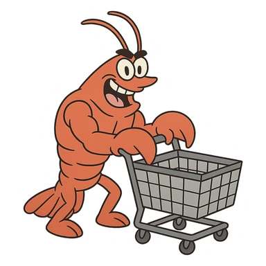 strong lobster pushing a shopping cart, transparent background sticker