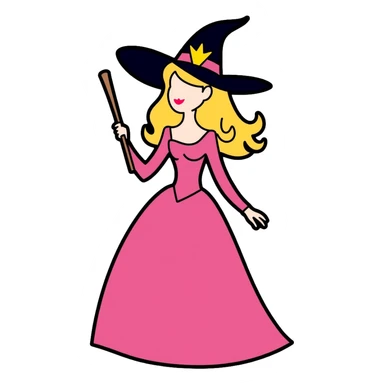 Glinda from Wicked musical, blonde witch with tiara, pink dress and magic wand sticker
