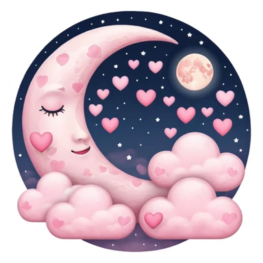 Pink Moon Crescent With Clouds And Hearts sticker