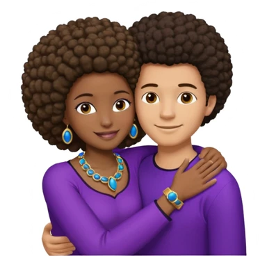 Tan male with short straight, light,brown hair, smiling and hugging a darkblack African girl with Afro in purple clothes with blue jewelry sticker