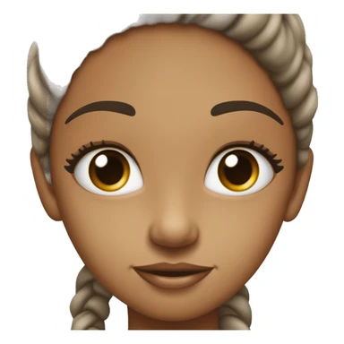 Niña muy blanca ojos grandes cafe oscuro y pestañas muy largas, risa amable. Pelo largo liso café oscuro con un moño grande y fleco enfrente. sticker