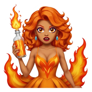 A fierce drag queen emoji with bright orange wavy hair styled with a bottle on top, dramatic makeup, expressive angry face, and an orange flame-themed dress. sticker