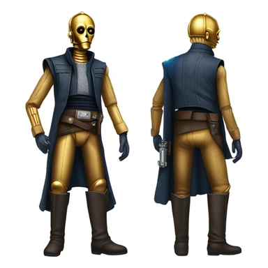 bounty hunter tarnished undercover tough well-equipped Jedi  life-sized darkblue-pearl C3po leather vest clothing pants and vest old west duster coat holding light saber sheriff sticker