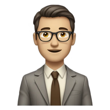 Full height Actively gesturing with hands Pale skinned fit man with dark brown hair in gray jacket, beige office shirt, brown tie, brown pants and vintage glasses. sticker