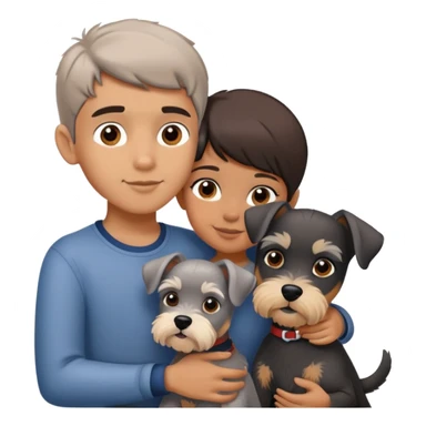 a boy and a shorthair girl hugs a Schnauzer sticker