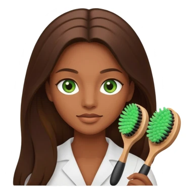 Aesthetician with brown, long hair, green eyes holding a facial brush sticker