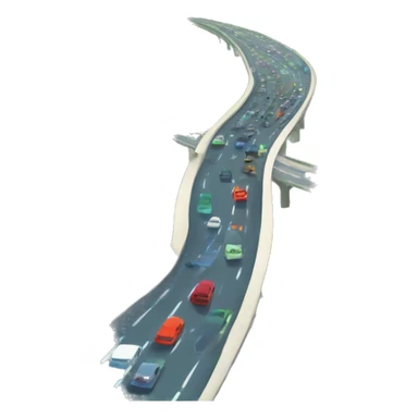 A busy highway with fast-moving cars, surrounded by green fields and distant mountains under a bright blue sky sticker